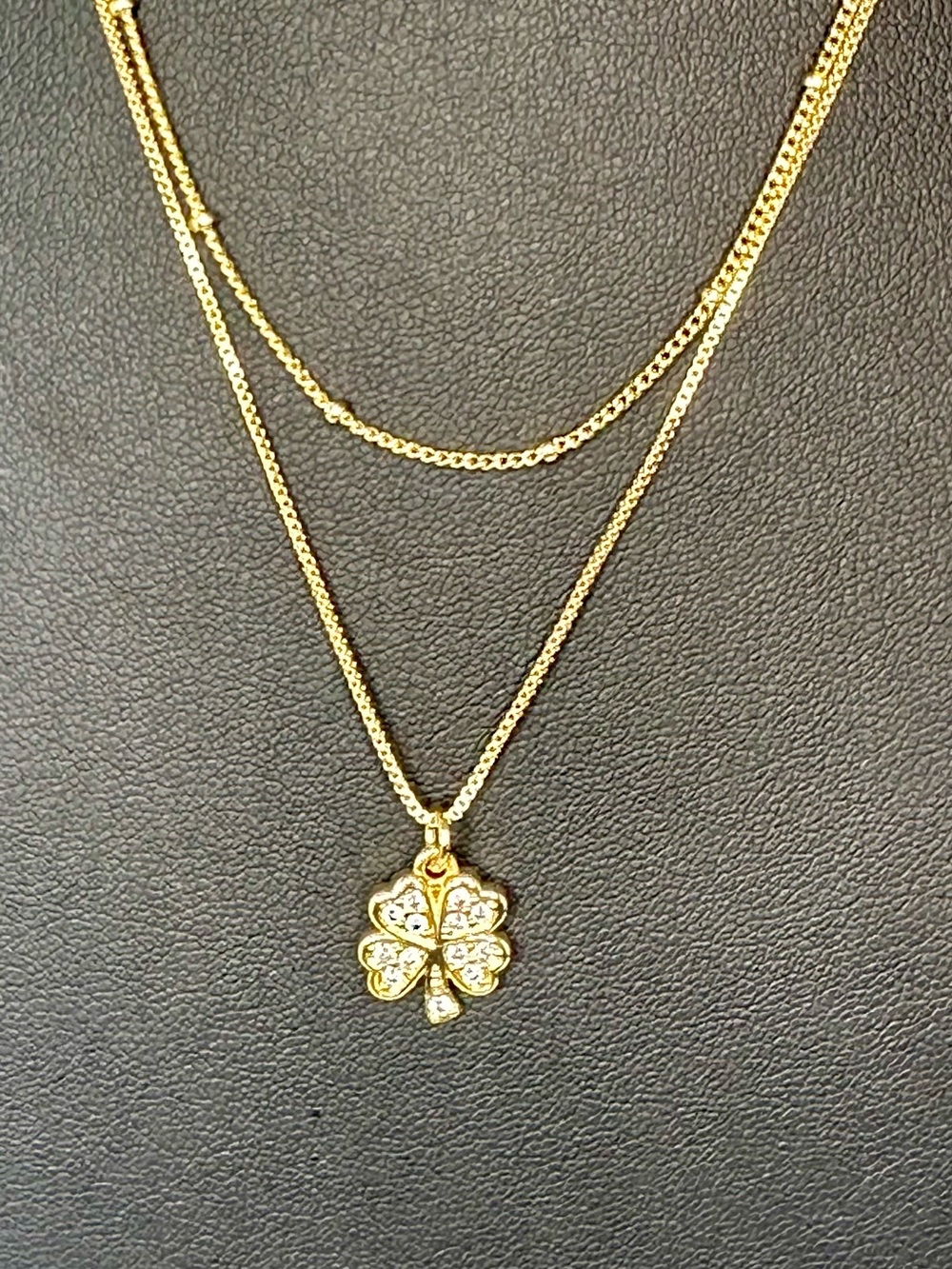 Layered Gold Clover Necklace CZ Four Leaf Pendant Two Chain